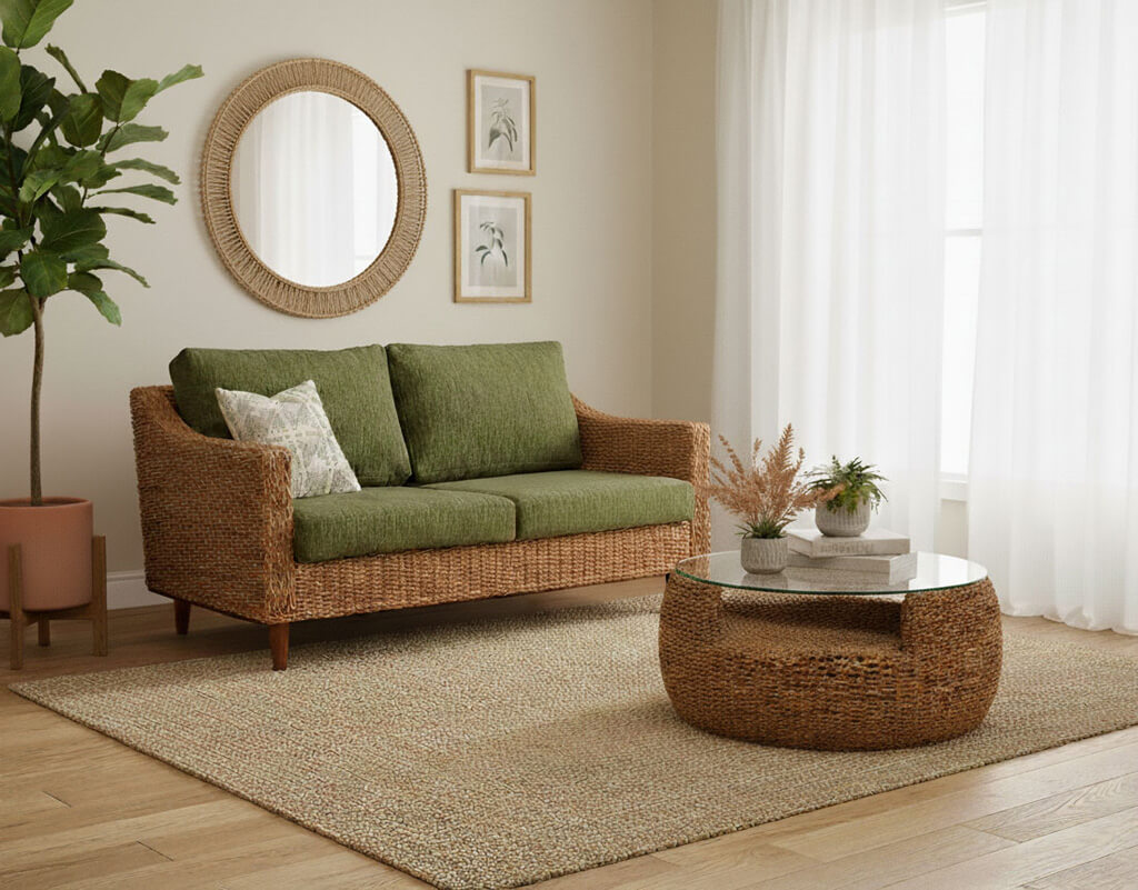 2人用アジアンソファ アバカ GR(グリーン)ナチュラル利用イメージ