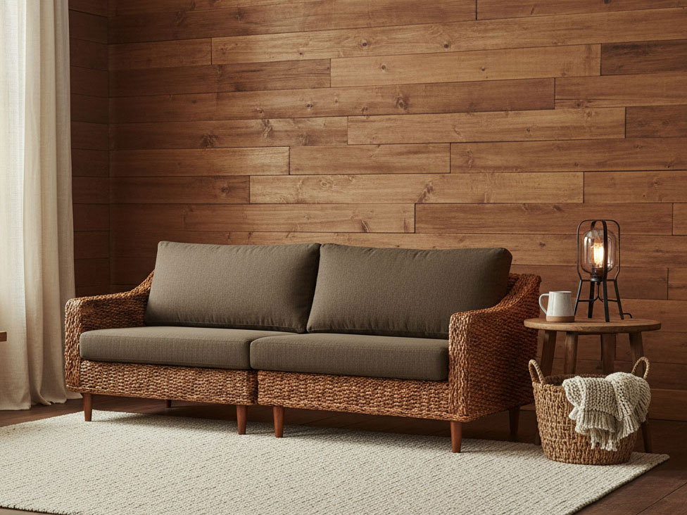 選べるクッションカラー 3人掛けソファ　BR（ブラウン）木目調リビング利用イメージ